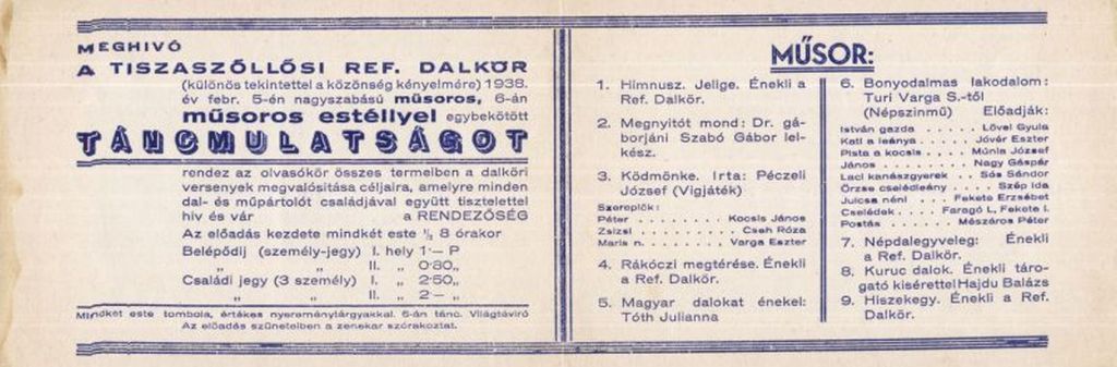 a református dalkör meghívója 1938-ból